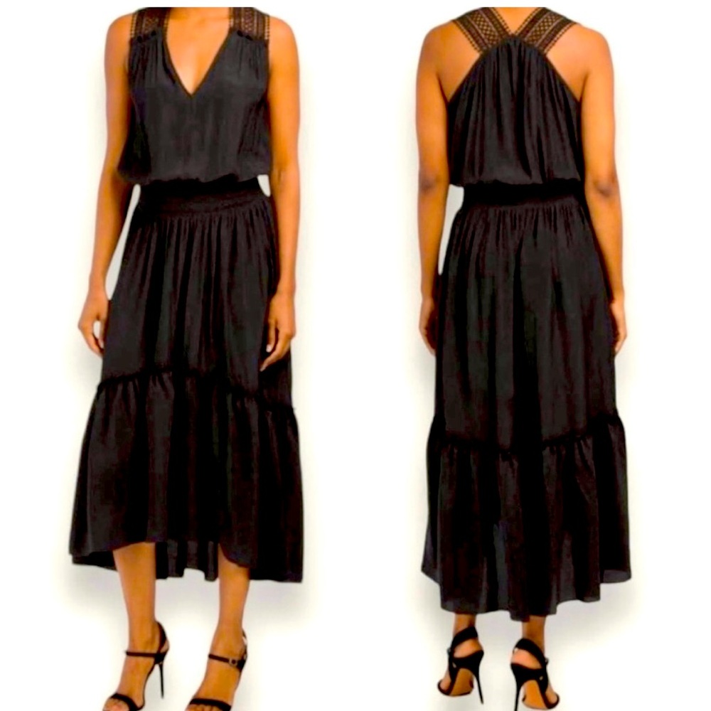 NWT Ramy Brook Samantha Dress Midi Maxi Ruffle Lattice Flowy Feminine Black M
